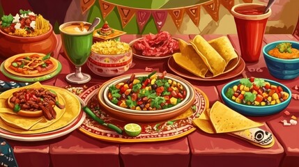 Fototapeta premium Mexican traditional food on the table. Authentic Mexican cuisine with bright dishes. Concept of cultural celebration, culinary, festive meal, feast, Day of the Dead, Dia de los Muertos celebration