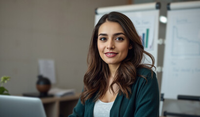 Fototapeta premium attractive woman in her 20s, legal specialist, dark green cardigan, flip-board, professional light