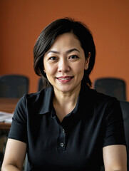 woman in her 50s or 60s, person of color, smart casual attire polo shirt, content writer, minimal background, natural sunlight