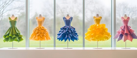 Unique Green Fashion Designs Displayed on Mannequins