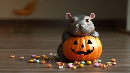 3D render of a baby pygmy hippo in a pumpkin costume playing with Halloween candy