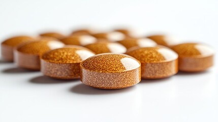 Golden health capsules glow beautifully on a smooth, light surface