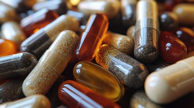 A diverse assortment of dietary capsules showcasing various colors and textures