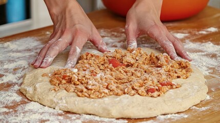 Hands press down on dough filled with a hearty mixture, showcasing home cooking artistry