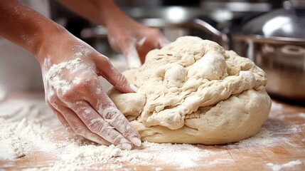 Obraz premium Expert hands expertly work the dough while flour dust fills the warm kitchen
