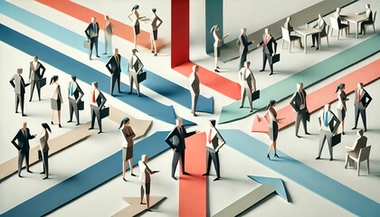 Origami Business Teamwork Scene with Folded Paper Figures in Minimalist Professional Setting Featuring Muted Color Strips and Business Interactions