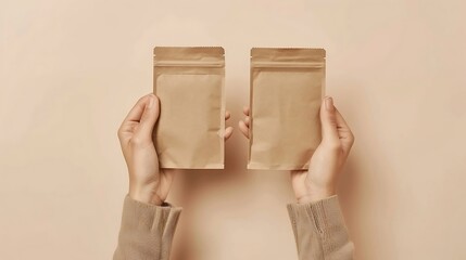 Hands holding brown envelopes on beige background, top view