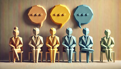 Origami style business meeting illustration featuring three figures sitting on chairs with colorful folded paper speech bubbles representing communication and discussion, professional minimalist desig