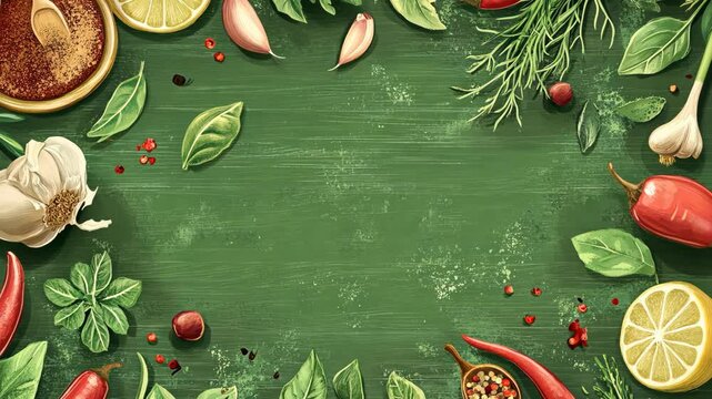 Fresh herbs and spices are arranged around a green wooden surface, creating a vibrant backdrop for any culinary creation