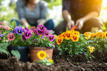 Gardening with flowers in springtime 