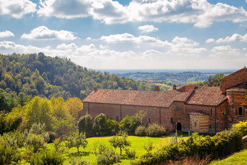 Hills panorama viewed from the Vezzolano Abbey. It is a church in Romanesque and Gothic style, among the most important medieval monuments of Piedmont, near the village of Albugnano (Asti Province).