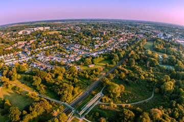 Aerial drone shot during sunset over the town of Bishops Stortford in England