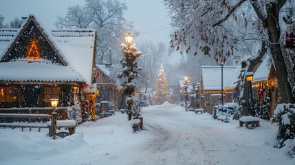 Snow-covered street with charming wooden houses and twinkling lights, creating a magical winter wonderland scene.