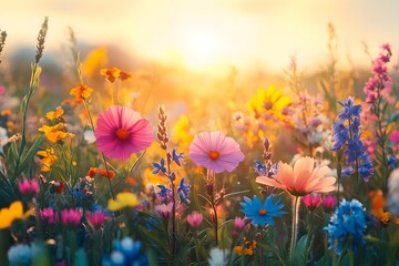 Sunny wildflower field at sunset