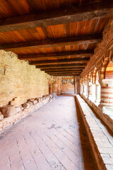 View of the cloister of the Vezzolano Abbey. It is a church in Romanesque and Gothic style, among the most important medieval monuments of Piedmont, near the village of Albugnano (Asti Province).