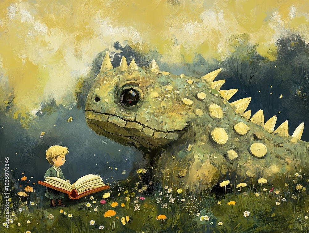 Wall mural dragon with a book