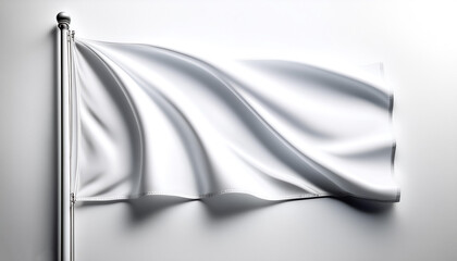Plain white flag waving on a pole on side position provides copy space for text. background concept isolated white