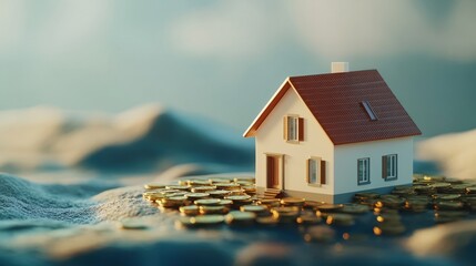 The image depicts a house model resting on coins, emphasizing the financial aspects of home ownership and real estate market trends.
