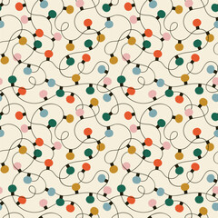 Merry Christmas vintage light bulb decoration seamless pattern illustration. Retro style winter holiday lights texture. Xmas celebration party wallpaper, festive event print.