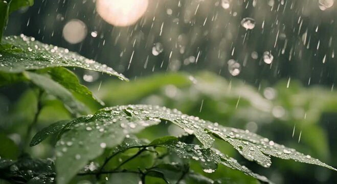 Chuva caindo em folhas.
