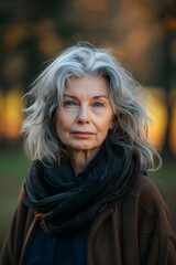 Naklejka premium Gray haired older woman portrait standing in the park