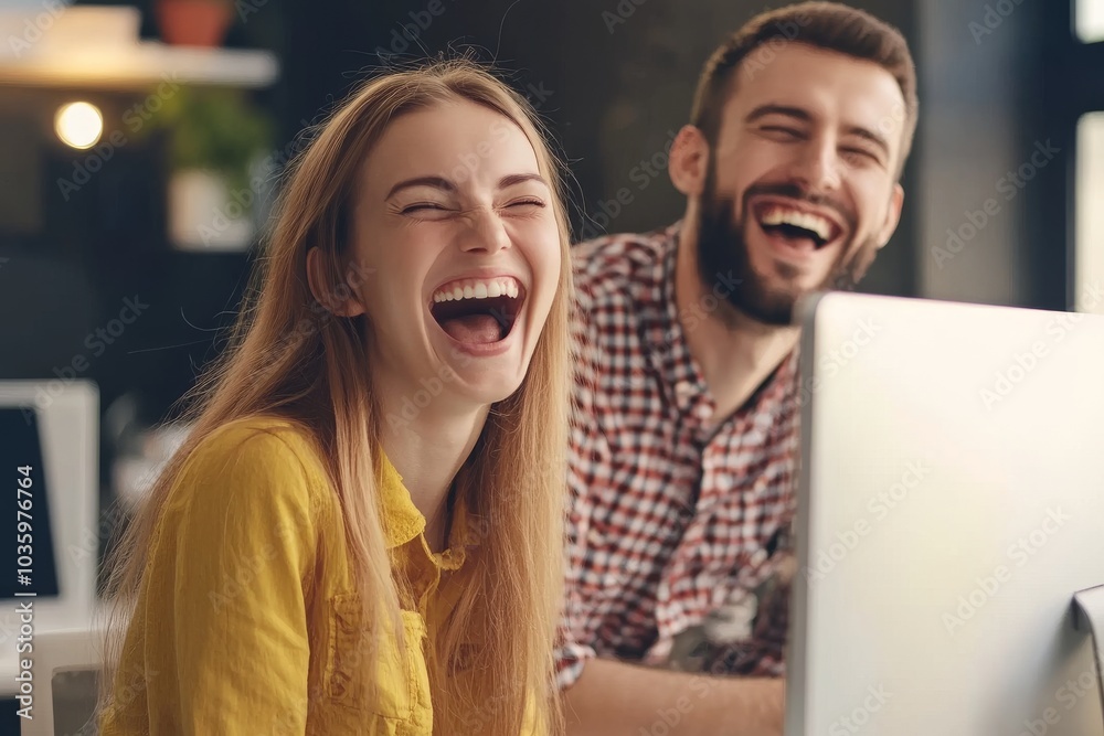 Wall mural a young man and woman laugh together while working on a computer.