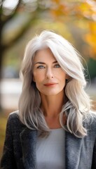 Naklejka premium Gray haired older woman portrait standing in the park