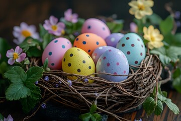 Easter eggs in a basket with flowers and branches