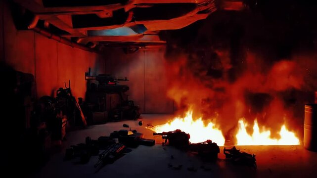 an underground bunker, The bunker&rsquo;s flickering lights cast long shadows across the machinery and weapons scattered throughout the room. Suddenly,  a deafening explosion rips through the space.