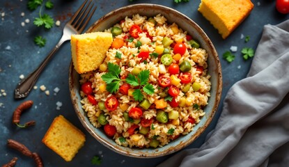 Vegan Vegetable Jambalaya with Colorful Vegetables and Rice (Vegan Cuisine)