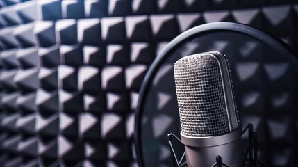 Close-up of microphone on stand in soundproof recording studio, positioned in front of script stand, symbolizing voice acting and audio production.