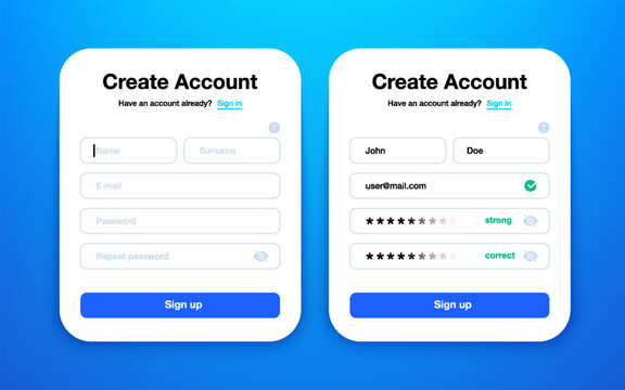 Create account UI. Sign up and log in form with personal user data, modern mobile application page with user profile input fields. Vector layout