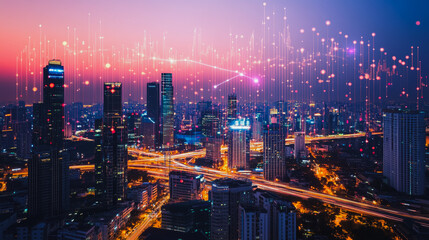 Smart digital Innovation city with connection network reciprocity over the cityscape. of future smart wireless digital city and social media networking systems that connects people with in city