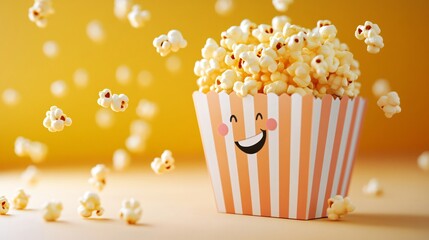 A striped popcorn bucket with a smiling face, filled with popcorn with some spilling out on a yellow background.