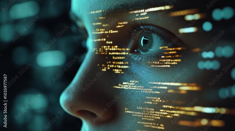 Poster a close-u p shot of a developer's face lit by the glow of multiple screens displaying lines of code,