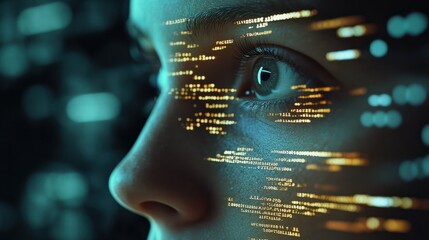 A close-u p shot of a developer's face lit by the glow of multiple screens displaying lines of code, in a dark, high-tech environment.