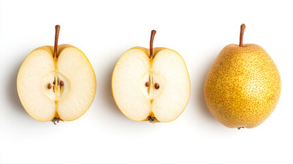 A detailed view of fresh ripe pears arranged closely together, creating a textured background. The...