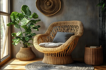 Fototapeta premium A relaxing corner with a natural wicker chair, potted plant, and woven accessories, creating a cozy and earthy ambiance ideal for rest and reflection.