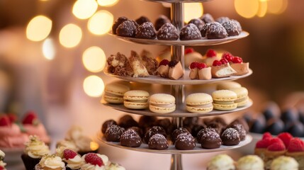 A delectable spread of miniature desserts including macarons, 茅clairs, and chocolate truffles