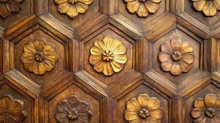 Golden brown hexagonal floral pattern and design presented in a square format