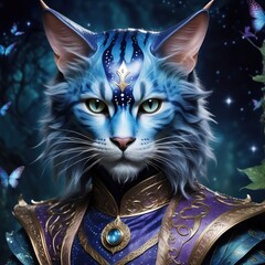 Fairytale portrait of a royal blue male cat.