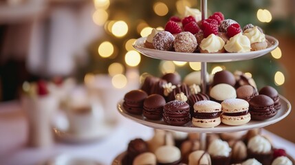 Naklejka premium A delectable spread of miniature desserts including macarons, 茅clairs, and chocolate truffles