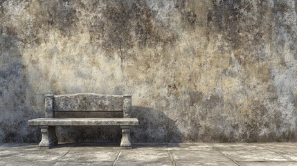 3D rendering of a stone bench next to an aged wall with no people present