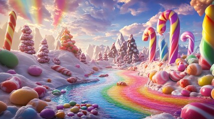 A whimsical, colorful candy land landscape with snow-capped mountains, a river of rainbow, and candy trees and rocks.