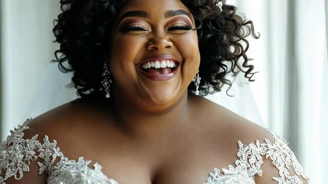 A bride laughs joyfully in her wedding dress while standing near a window