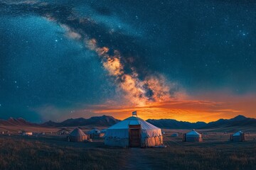 Obraz premium Yurts standing on grass under scenic milky way during sunset