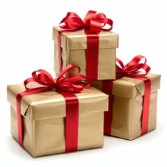 Fototapeta premium Three golden gift boxes decorated with red ribbons are standing on white background
