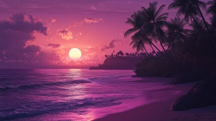 A purple-pink sunset on a beach with palm trees and an ocean view