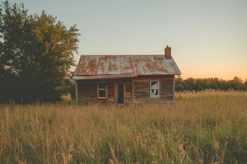Fototapeta premium Old wooden abandoned house standing in field at sunset
