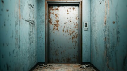 old elevator with rusty cables and peeling walls creates haunting atmosphere. worn out door and debris on floor evoke sense of neglect and abandonment